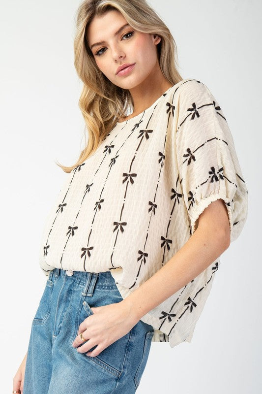 Cream Bow Print Top