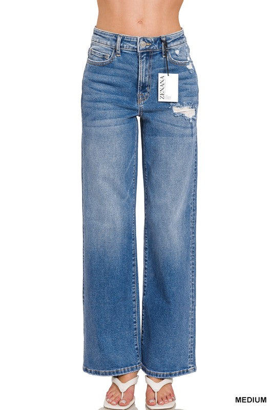 High Waist Straight Leg Medium Wash Stretch Jeans