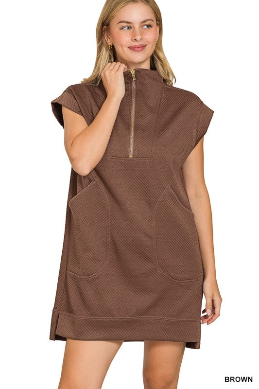 Zenana Brown Quarter Zip Jacquard Dress