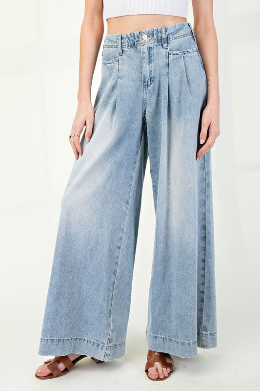 Mineral Wash Pleated Denim Pants