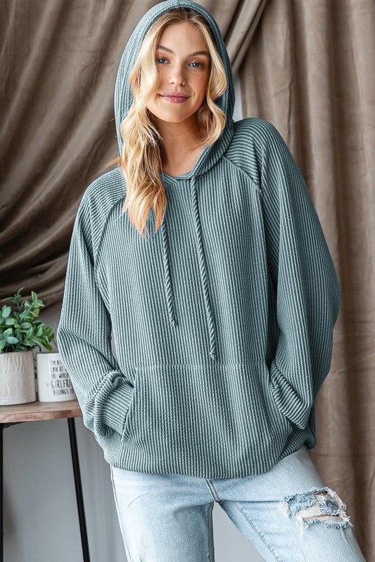 Puff Sleeve Ribbed Hooded Tops