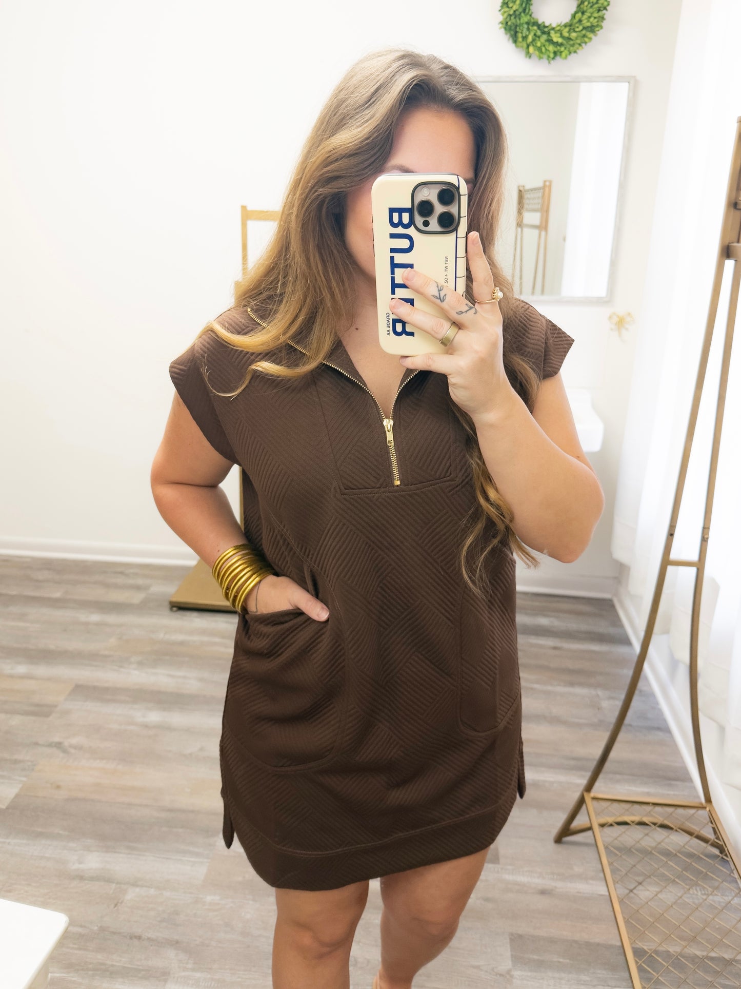 Zenana Brown Quarter Zip Jacquard Dress