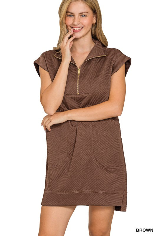 Zenana Brown Quarter Zip Jacquard Dress