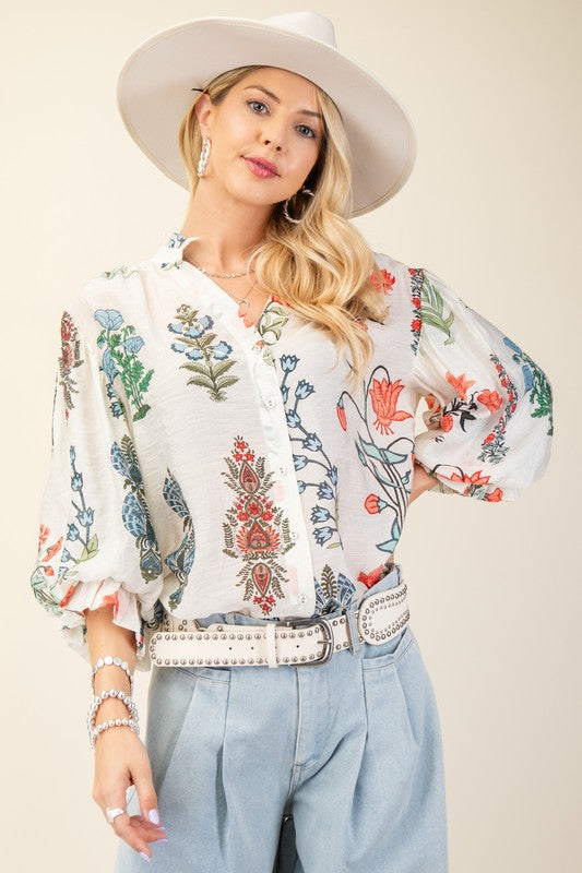 Floral Poppy Bubble Sleeve Top