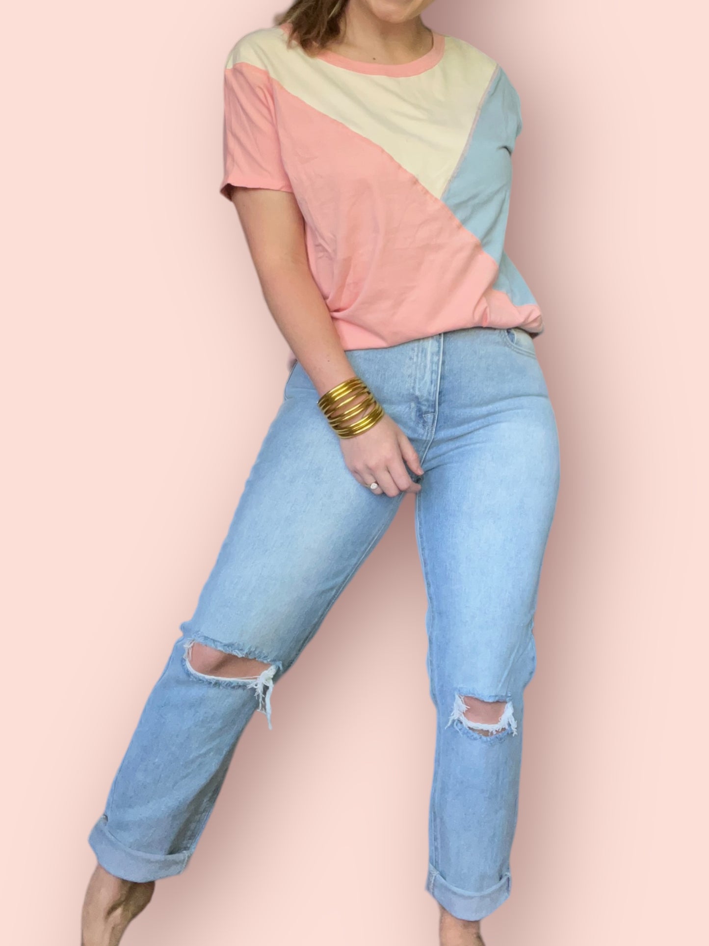 Blue Pink Color Block Top